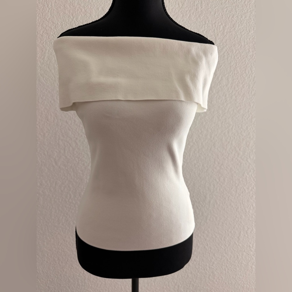 MAJE White Bardot Off-Shoulder Knit Top | Lapel Collar Slim Fit